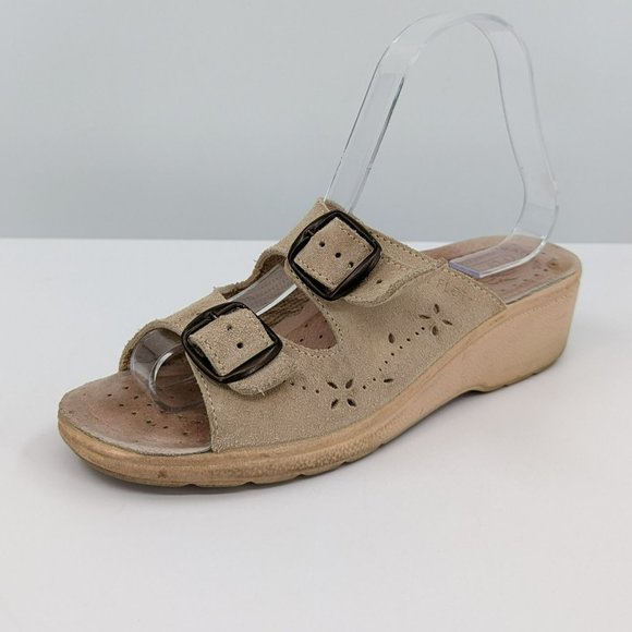 Fly Flot Slides 37 5.5 Tan Leather Two Strap Buckle Open Toe Italy Made Comfort - Picture 1 of 14
